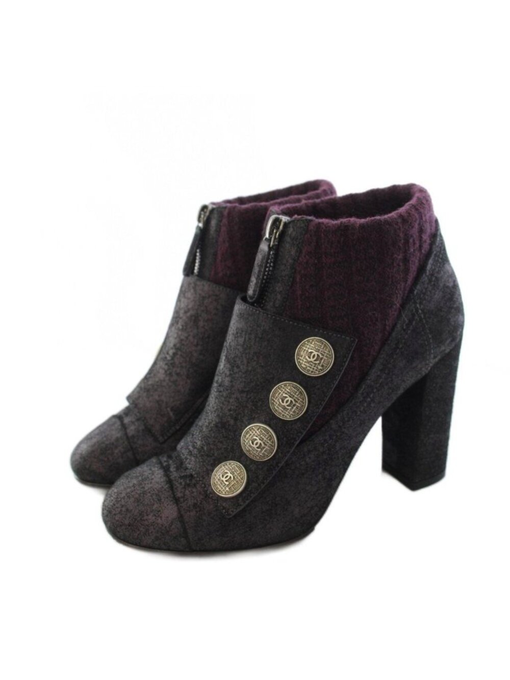 Chanel Short Boots Coco Buttons 37C Red Purple Bordeaux Black